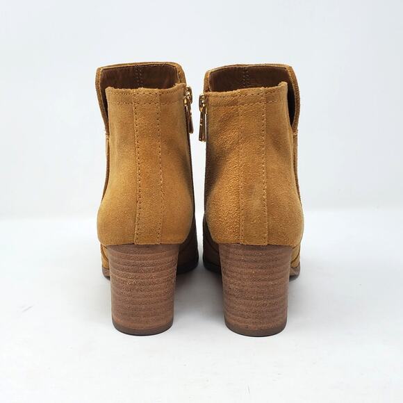 Tory Burch Sabe Heeled Ankle Booties Suede Leather Tan Gold Logo Size US 7 - Picture 7 of 9